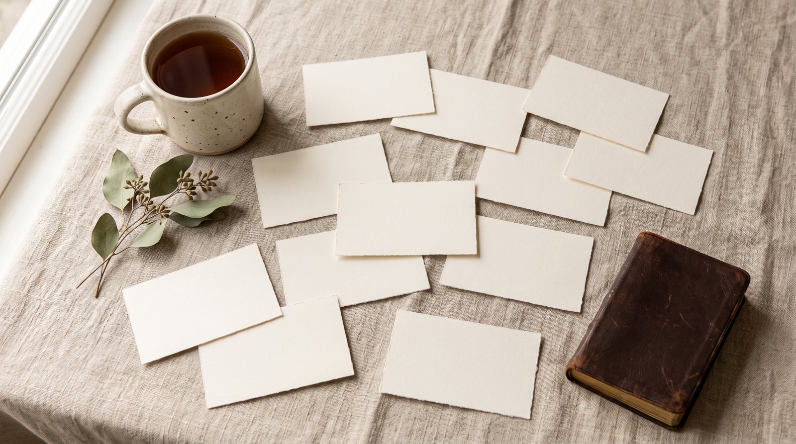 Blank memory cards, a mug of tea and a pocket Bible on linen