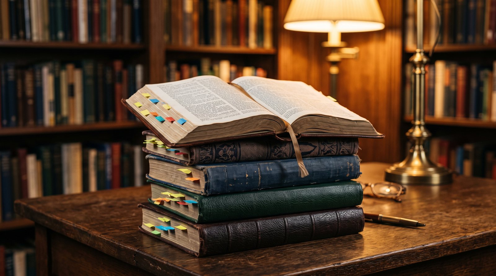 Several Bible translations stacked on a library table with page tabs