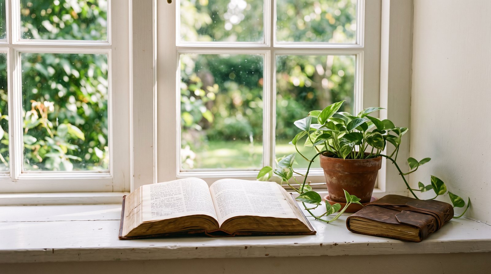 An open Bible on a bright windowsill beside a plant and a journal