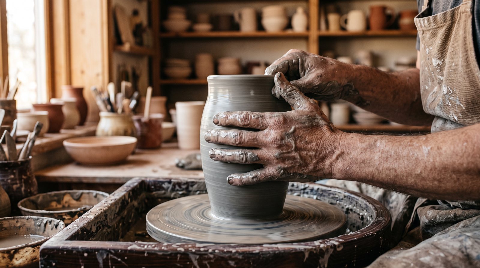 A potter's hands shaping clay on a wheel in a warm workshop