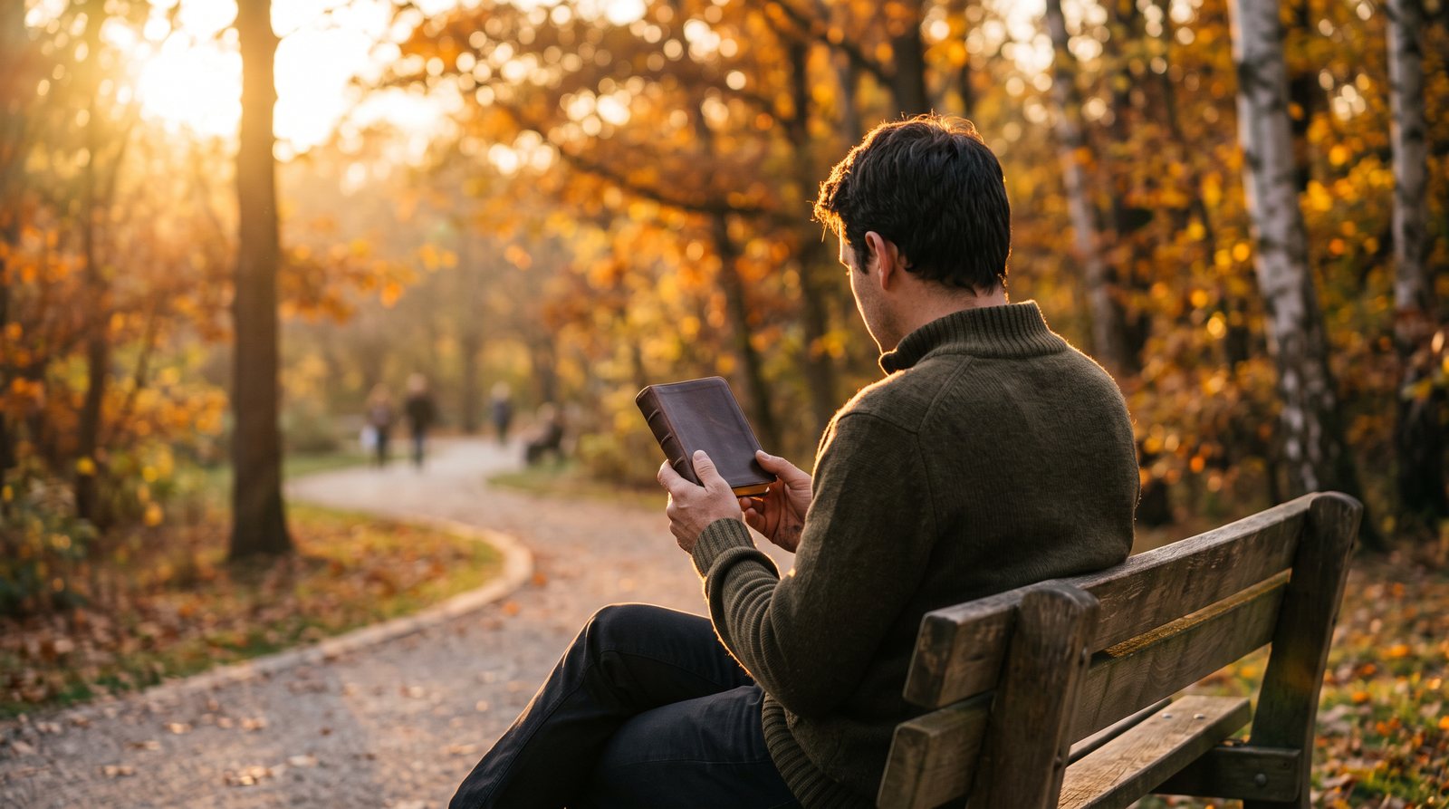 Person reading a pocket Bible on a park bench at golden hour