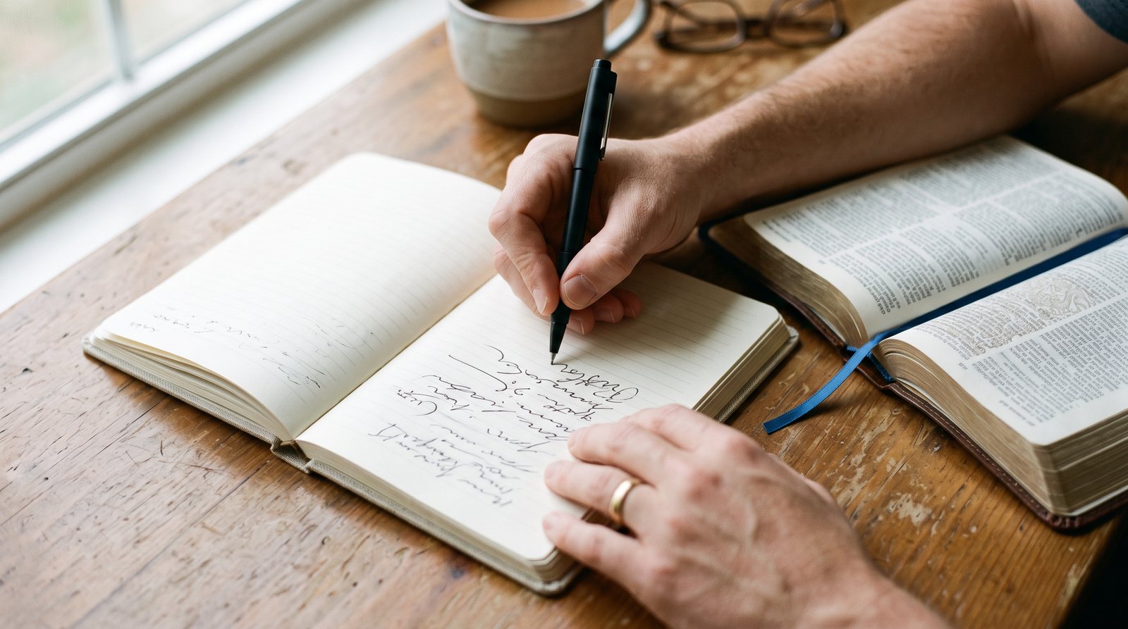 Hands writing a Scripture reference in a journal next to an open Bible